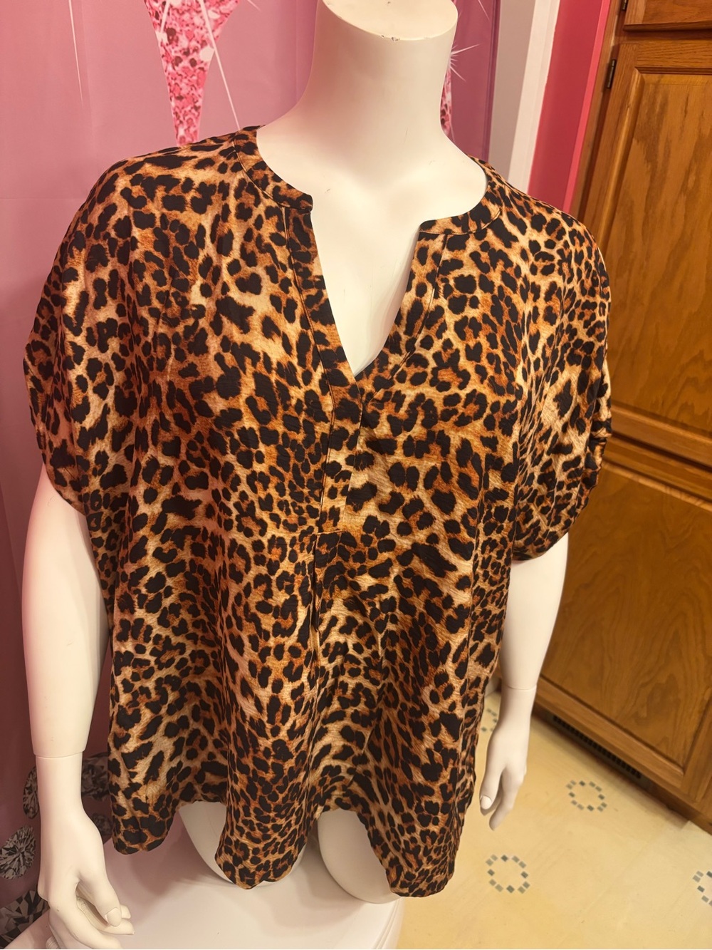 Ava & Viv Leopard Print Split-Neck Top - Brown & Black